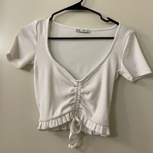 Zara ribbed, runched and ruffled short sleeve crop top